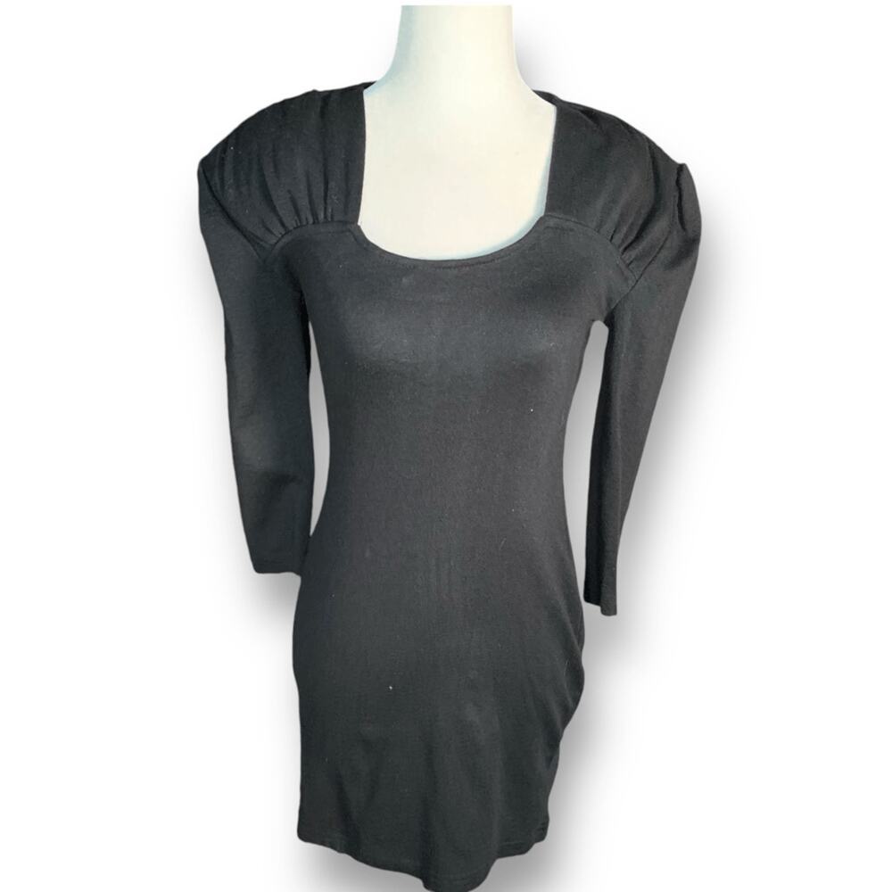 Vintage Black Bodycon Mini Dress Puff Sleeve Stretch Small Baddie‎ Sleek Fitted